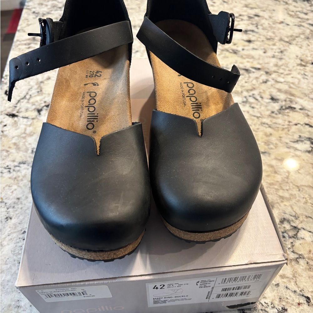 Papillio by Birkenstock Women's Mary Ring - buckle Black Leather wedges